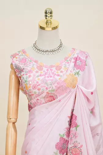 Pink multicolour thread & sequin floral embroidered chinon silk designer saree with unstitched blouse