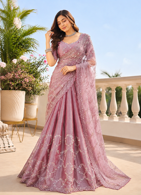 Luxury dusty mauve fendi silk embroidered saree for wedding reception bridal & festive wear 2