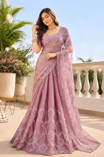 Luxury dusty mauve fendi silk embroidered saree for wedding reception bridal & festive wear