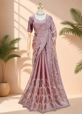 Luxury dusty mauve fendi silk embroidered saree for wedding reception bridal & festive wear 3