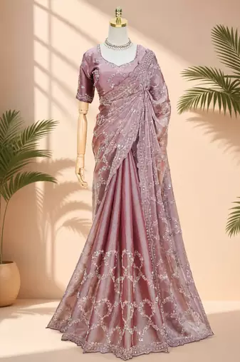 Luxury dusty mauve fendi silk embroidered saree for wedding reception bridal & festive wear
