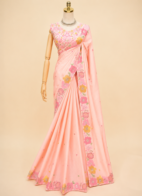 Peach multicolour thread & sequin floral embroidered chinon silk designer saree with unstitched blouse 3