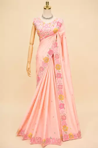 Peach multicolour thread & sequin floral embroidered chinon silk designer saree with unstitched blouse