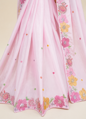 Pink multicolour thread & sequin floral embroidered chinon silk designer saree with unstitched blouse 4