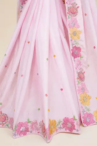 Pink multicolour thread & sequin floral embroidered chinon silk designer saree with unstitched blouse