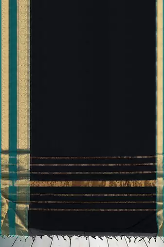 Smoky black & peacock teal green chettinad cotton saree with running blouse