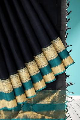 Smoky black & peacock teal green chettinad cotton saree with running blouse 7