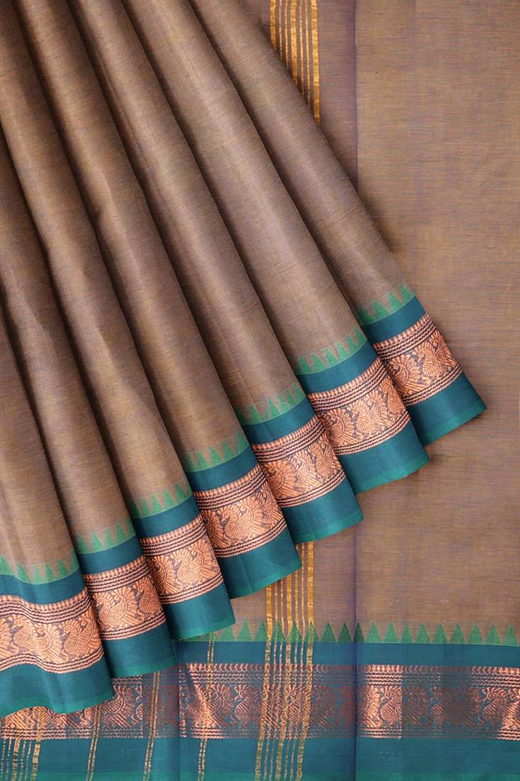 Rose taupe & royal magenta chettinad cotton saree with running blouse