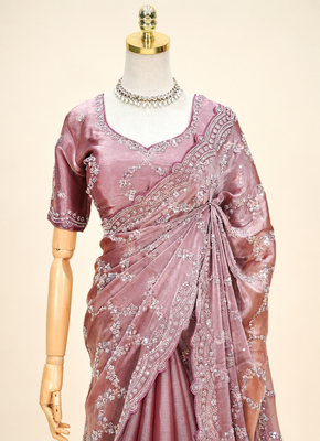 Luxury dusty mauve fendi silk embroidered saree for wedding reception bridal & festive wear 4