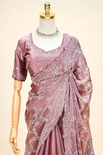 Luxury dusty mauve fendi silk embroidered saree for wedding reception bridal & festive wear
