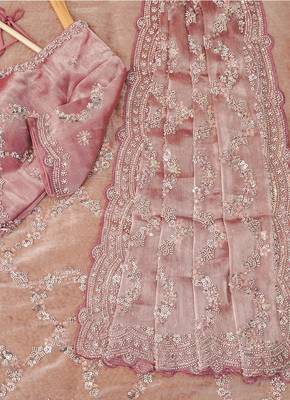 Luxury dusty mauve fendi silk embroidered saree for wedding reception bridal & festive wear 5
