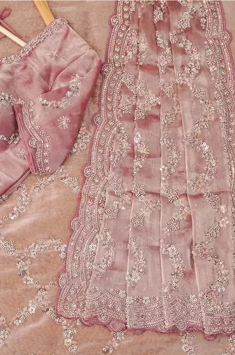 Luxury dusty mauve fendi silk embroidered saree for wedding reception bridal & festive wear