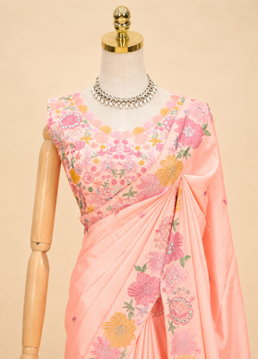 Peach multicolour thread & sequin floral embroidered chinon silk designer saree with unstitched blouse 4