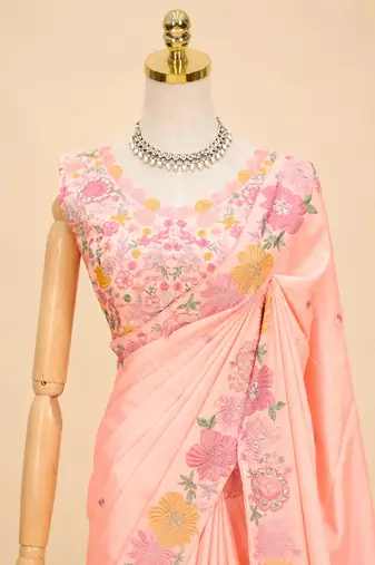Peach multicolour thread & sequin floral embroidered chinon silk designer saree with unstitched blouse