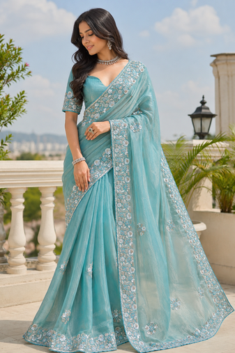 Sky teal floral bead & sequin embroidered organza silk designer saree with unstitched blouse for wedding & party wear