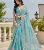 Sky teal floral bead & sequin embroidered organza silk designer saree with unstitched blouse for wedding & party wear