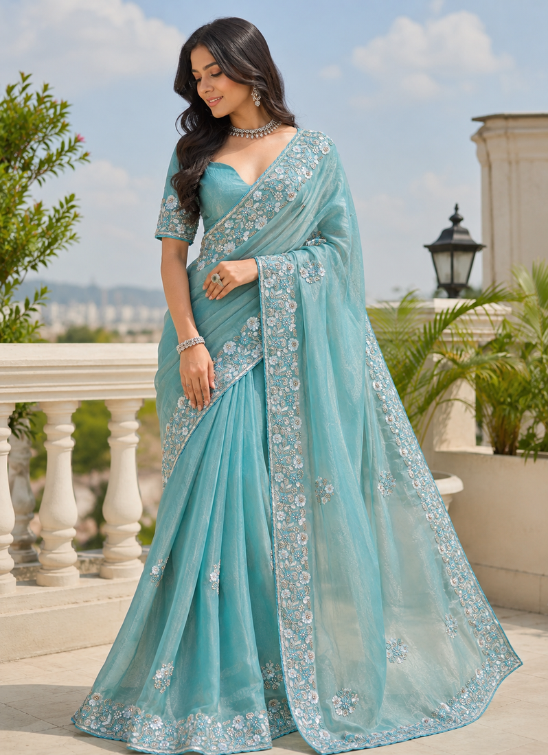 Sky teal floral bead & sequin embroidered organza silk designer saree with unstitched blouse for wedding & party wear