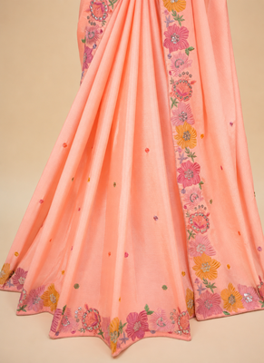 Peach multicolour thread & sequin floral embroidered chinon silk designer saree with unstitched blouse 5