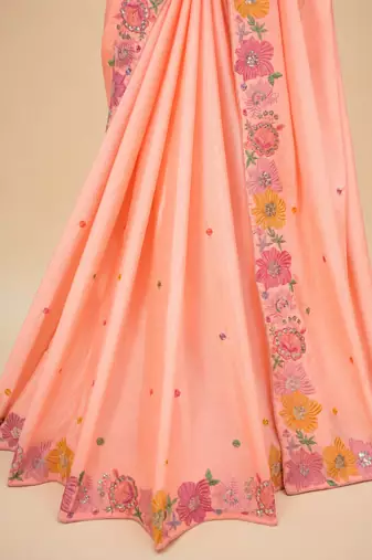 Peach multicolour thread & sequin floral embroidered chinon silk designer saree with unstitched blouse