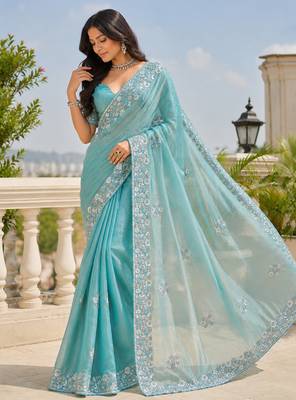 Sky teal floral bead & sequin embroidered organza silk designer saree with unstitched blouse for wedding & party wear 2