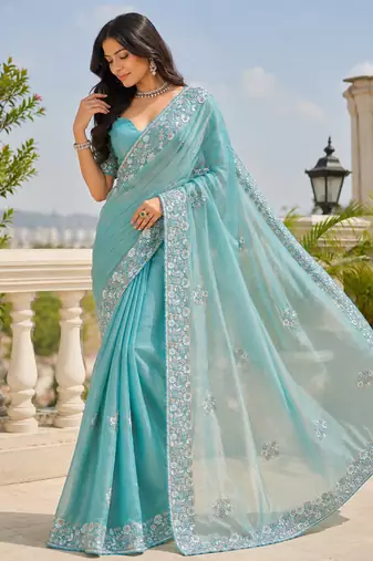 Sky teal floral bead & sequin embroidered organza silk designer saree with unstitched blouse for wedding & party wear