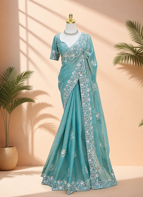 Sky teal floral bead & sequin embroidered organza silk designer saree with unstitched blouse for wedding & party wear 3