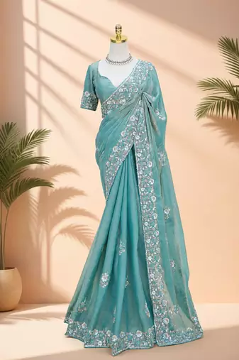 Sky teal floral bead & sequin embroidered organza silk designer saree with unstitched blouse for wedding & party wear