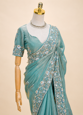 Sky teal floral bead & sequin embroidered organza silk designer saree with unstitched blouse for wedding & party wear 4