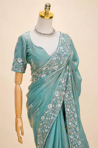 Sky teal floral bead & sequin embroidered organza silk designer saree with unstitched blouse for wedding & party wear
