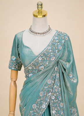 Sky teal floral bead & sequin embroidered organza silk designer saree with unstitched blouse for wedding & party wear 5