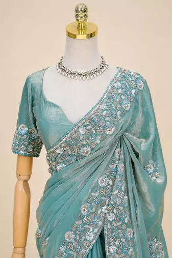 Sky teal floral bead & sequin embroidered organza silk designer saree with unstitched blouse for wedding & party wear