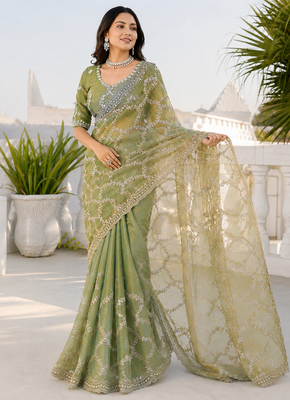 Olive green silver bead & sequin embroidered fendi silk designer saree with unstitched blouse for wedding & party wear 1