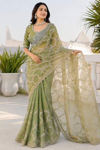 Olive green silver bead & sequin embroidered fendi silk designer saree with unstitched blouse for wedding & party wear