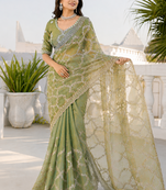Olive green silver bead & sequin embroidered fendi silk designer saree with unstitched blouse for wedding & party wear