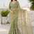 Olive green silver bead & sequin embroidered fendi silk designer saree with unstitched blouse for wedding & party wear