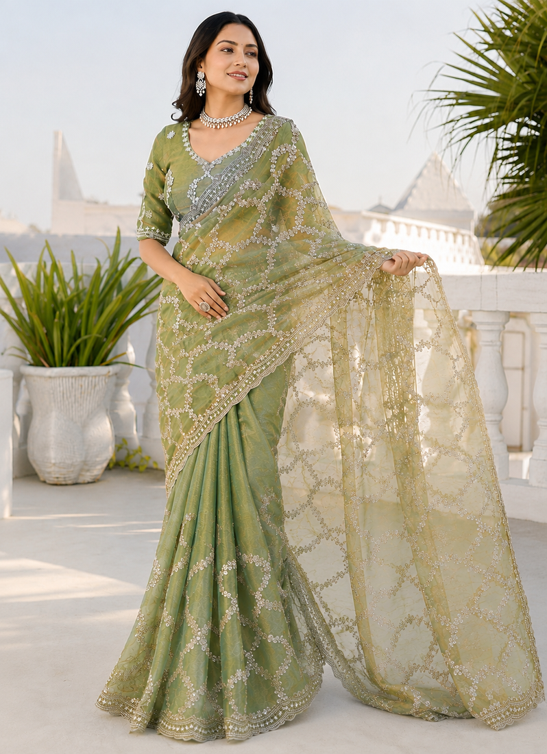 Olive green silver bead & sequin embroidered fendi silk designer saree with unstitched blouse for wedding & party wear