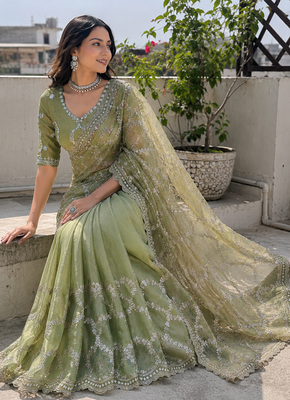 Olive green silver bead & sequin embroidered fendi silk designer saree with unstitched blouse for wedding & party wear 2