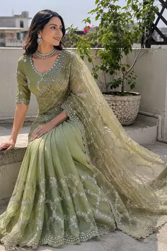 Olive green silver bead & sequin embroidered fendi silk designer saree with unstitched blouse for wedding & party wear
