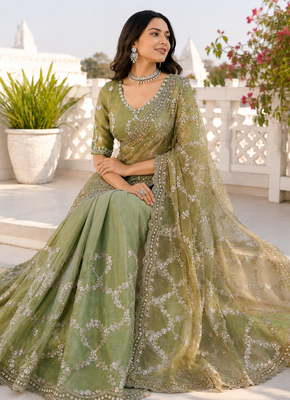 Olive green silver bead & sequin embroidered fendi silk designer saree with unstitched blouse for wedding & party wear 3