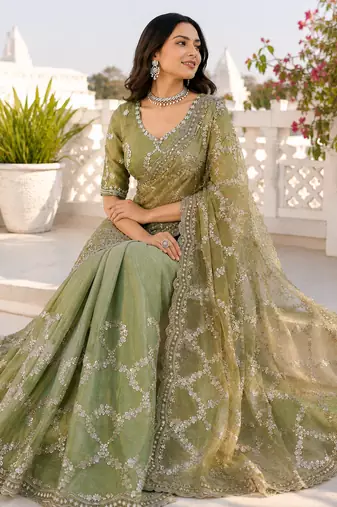 Olive green silver bead & sequin embroidered fendi silk designer saree with unstitched blouse for wedding & party wear