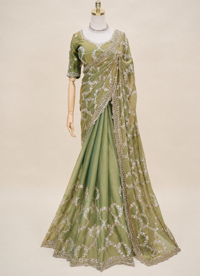 Olive green silver bead & sequin embroidered fendi silk designer saree with unstitched blouse for wedding & party wear 4