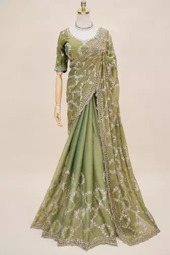 Olive green silver bead & sequin embroidered fendi silk designer saree with unstitched blouse for wedding & party wear