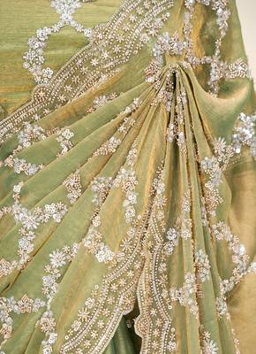 Olive green silver bead & sequin embroidered fendi silk designer saree with unstitched blouse for wedding & party wear 5
