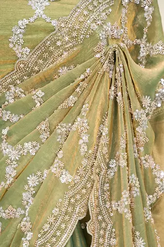 Olive green silver bead & sequin embroidered fendi silk designer saree with unstitched blouse for wedding & party wear
