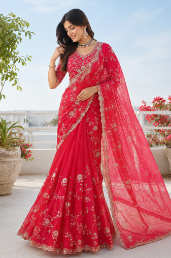 Red silver bead & sequin embroidered fendi silk designer saree with unstitched blouse for wedding & party wear