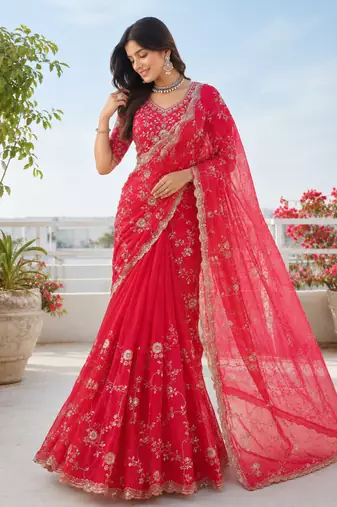 Red silver bead & sequin embroidered fendi silk designer saree with unstitched blouse for wedding & party wear