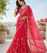 Red silver bead & sequin embroidered fendi silk designer saree with unstitched blouse for wedding & party wear