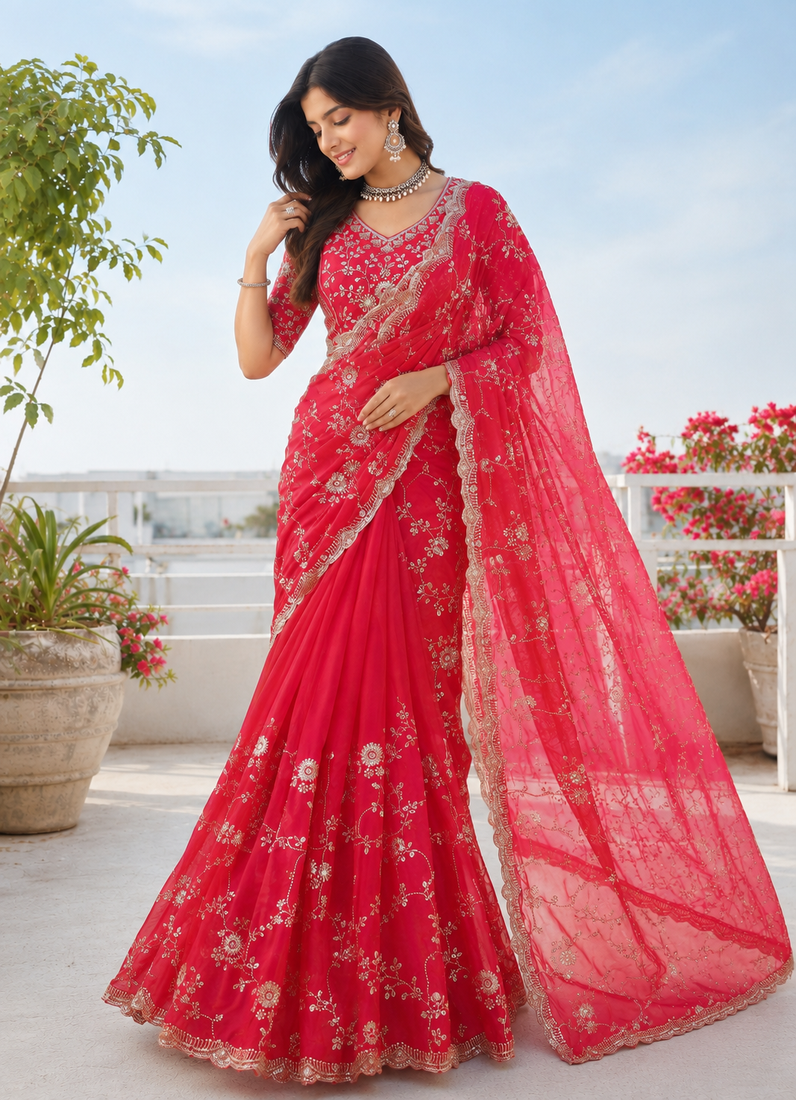Red silver bead & sequin embroidered fendi silk designer saree with unstitched blouse for wedding & party wear