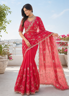 Red silver bead & sequin embroidered fendi silk designer saree with unstitched blouse for wedding & party wear 2