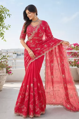 Red silver bead & sequin embroidered fendi silk designer saree with unstitched blouse for wedding & party wear